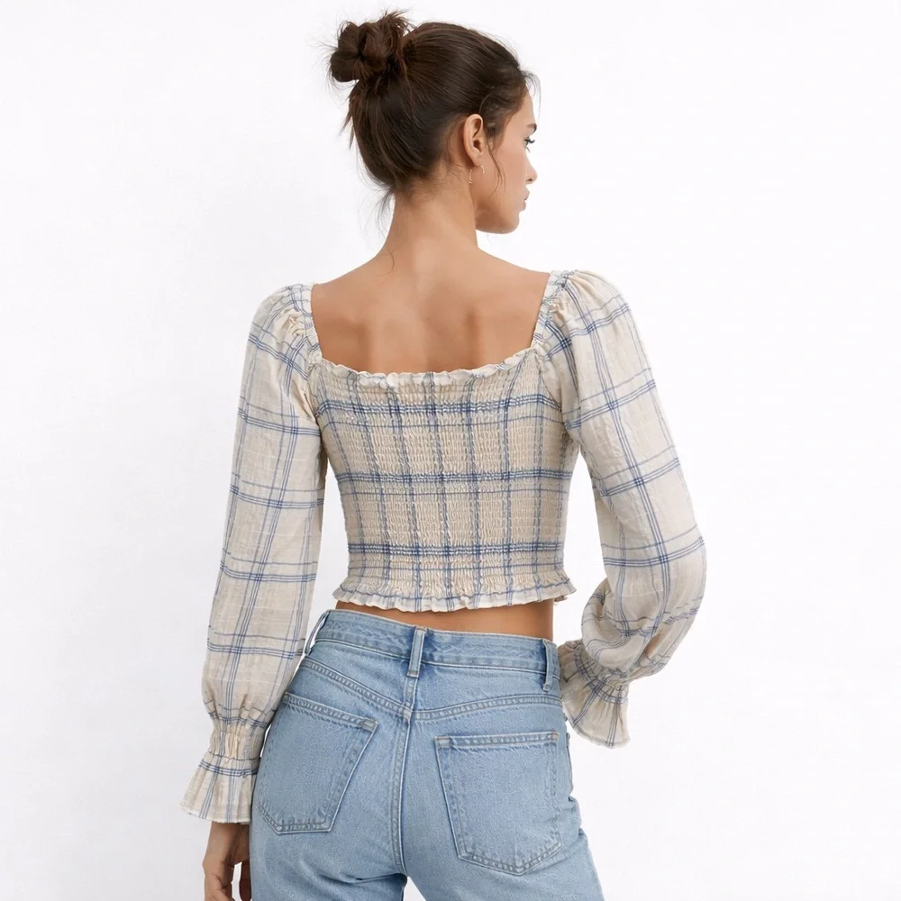 ZARA 💙 Plaid Smocked Long Sleeve Top